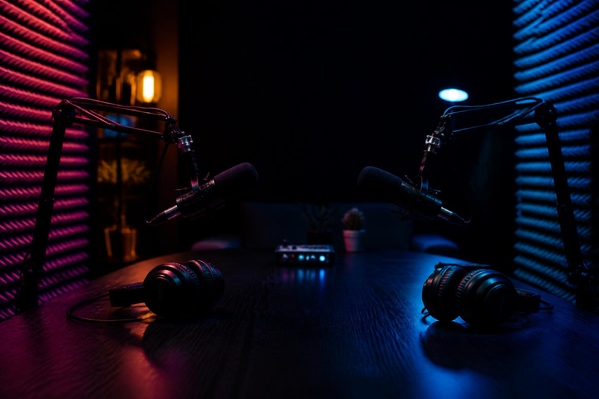 Podcast studio microphones lit for a late night recording